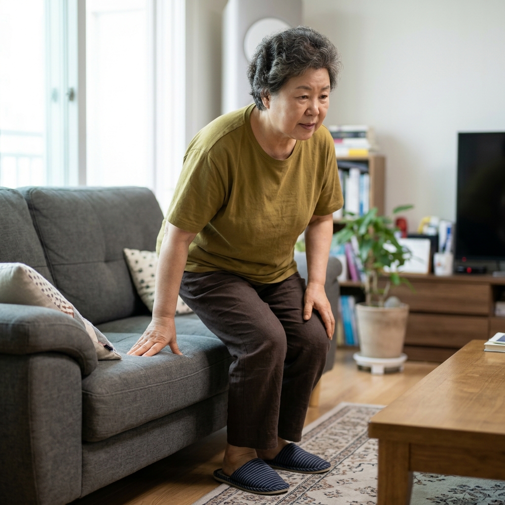 거실 소파 옆에서 실내화를 신고 일어서는 70대 한국인 여성의 모습