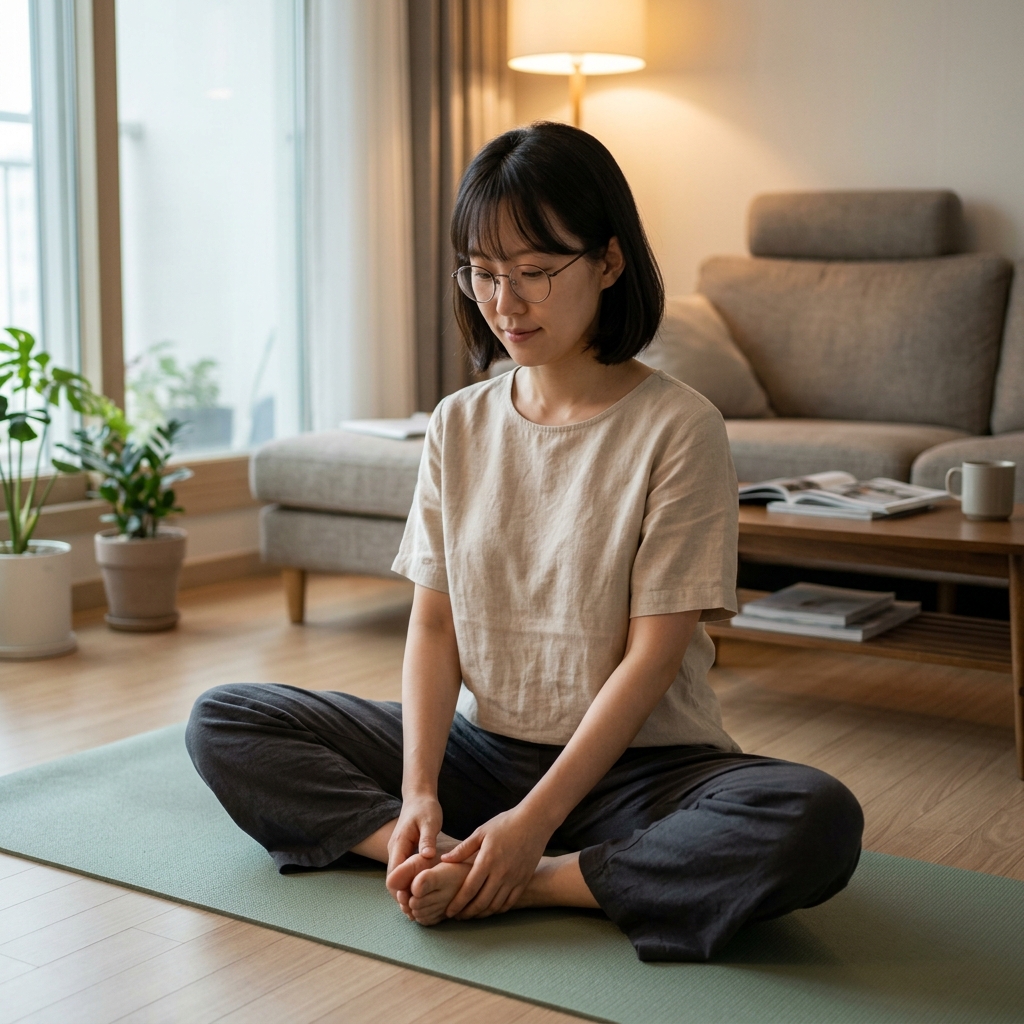 40대 여성이 퇴근 후 저녁 시간 실내에서 요가 매트 위에 앉아 스트레칭을 하고 있는 모습, 차분한 조명 아래 편안한 복장