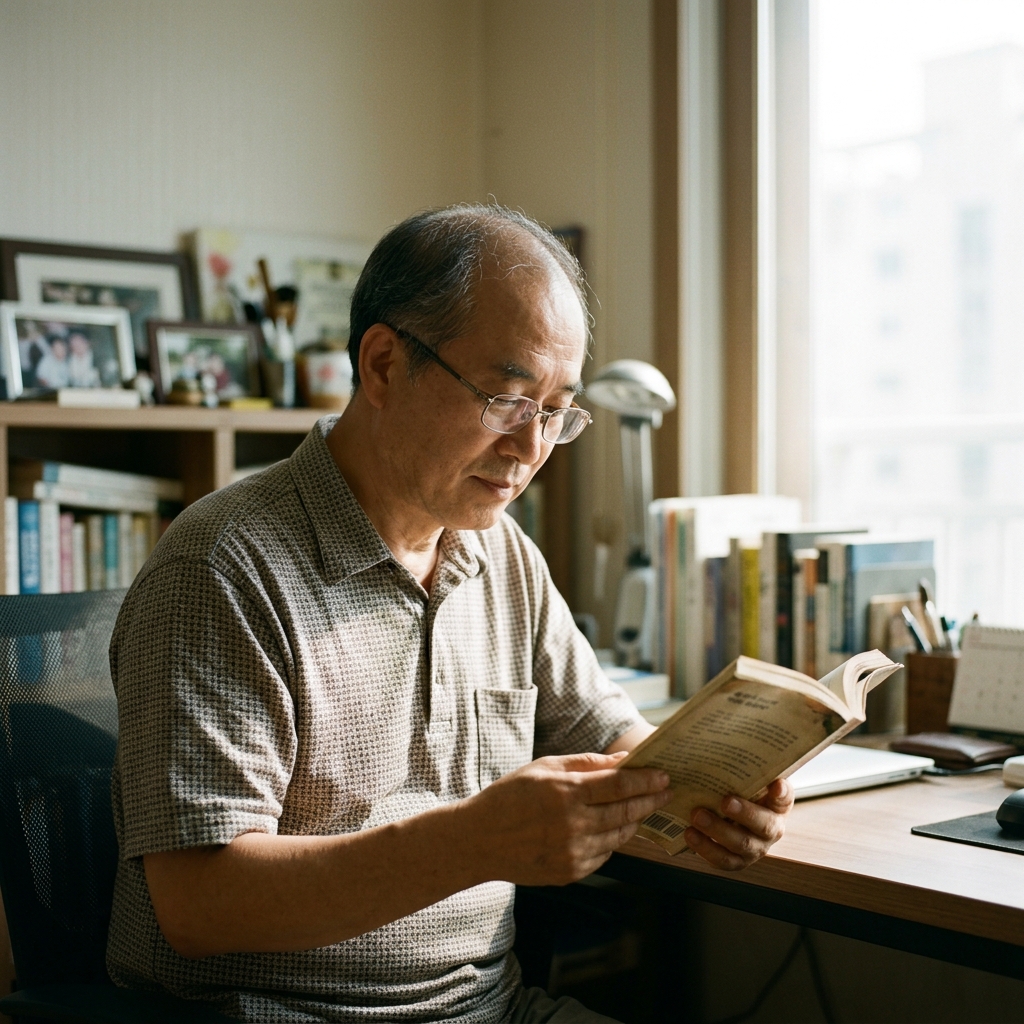 집 안 서재에서 혼자 책상에 앉아 독서 중인 60대 남성, 반팔 셔츠 차림, 창가로 들어오는 부드러운 오후 햇빛