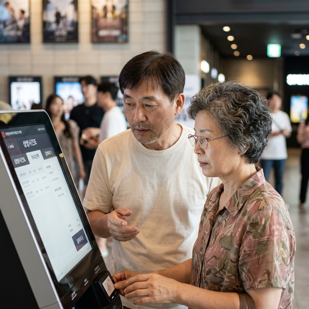 영화관 키오스크 앞에서 화면을 살피는 70대 부모님, 얇은 반팔 셔츠 차림