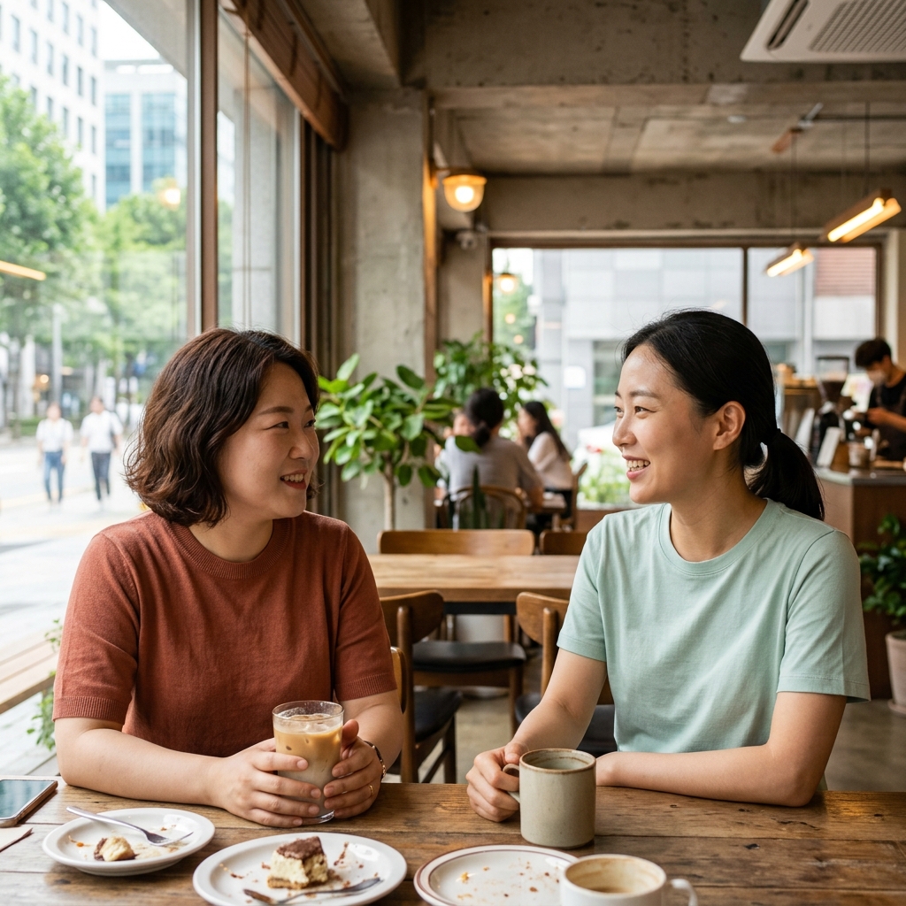 카페에서 편안하게 대화를 나누는 두 친구의 자연스러운 모습