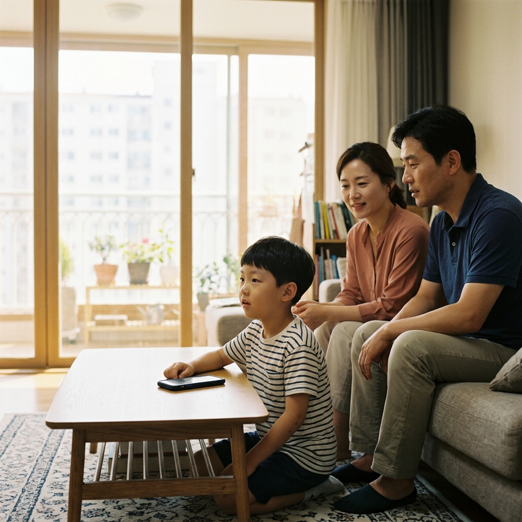 거실 탁자 위에 놓인 휴대폰과 그 옆에 앉아 있는 초등학생, 부모가 함께 거실에 있고 창밖으로 밝은 햇빛이 보이며 가족이 함께 있는 공간임을 보여주는 장면