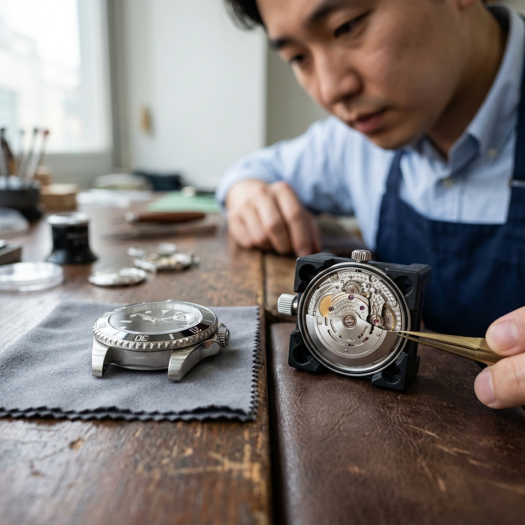 시계 케이스와 무브먼트 클로즈업 비교 장면