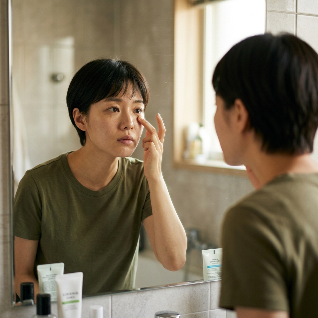 거울을 보며 눈 밑을 확인하는 20대 한국인 여성의 자연스러운 생활 장면