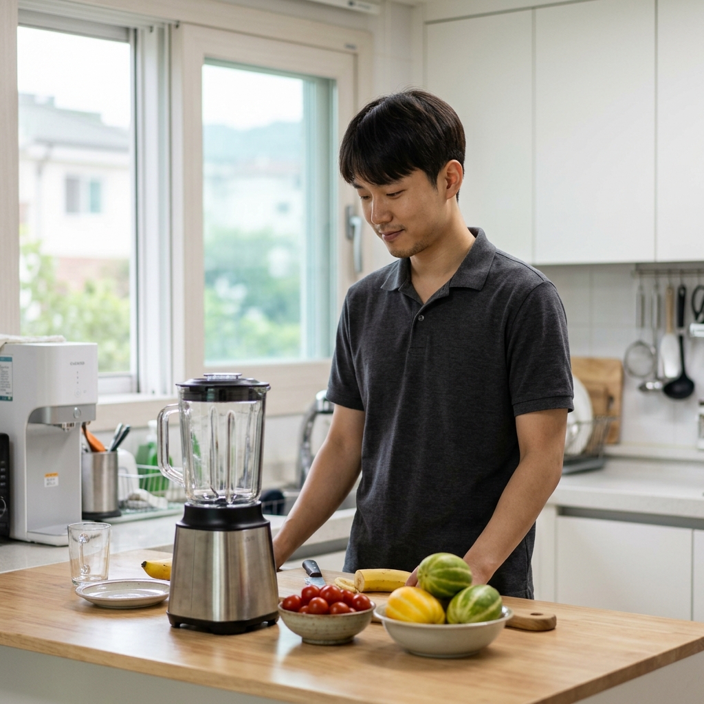 신선한 과일 두 가지가 블렌더 옆에 놓인 주방 장면