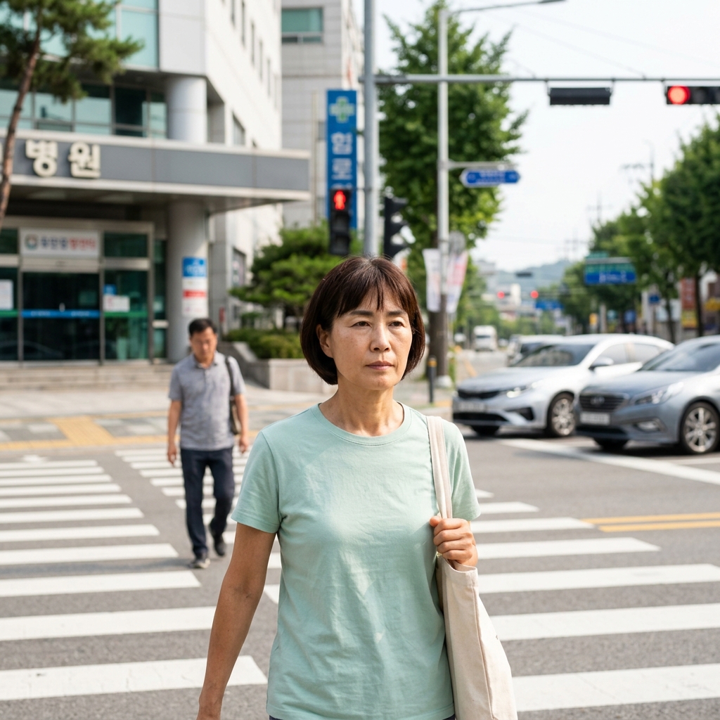 병원 앞 횡단보도를 건너는 보행자와 주변 차량이 보이는 도로 풍경