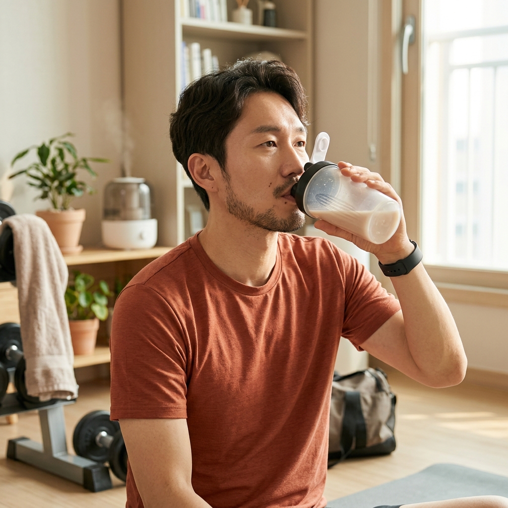 운동 후 단백질 셰이크를 마시는 사람의 모습