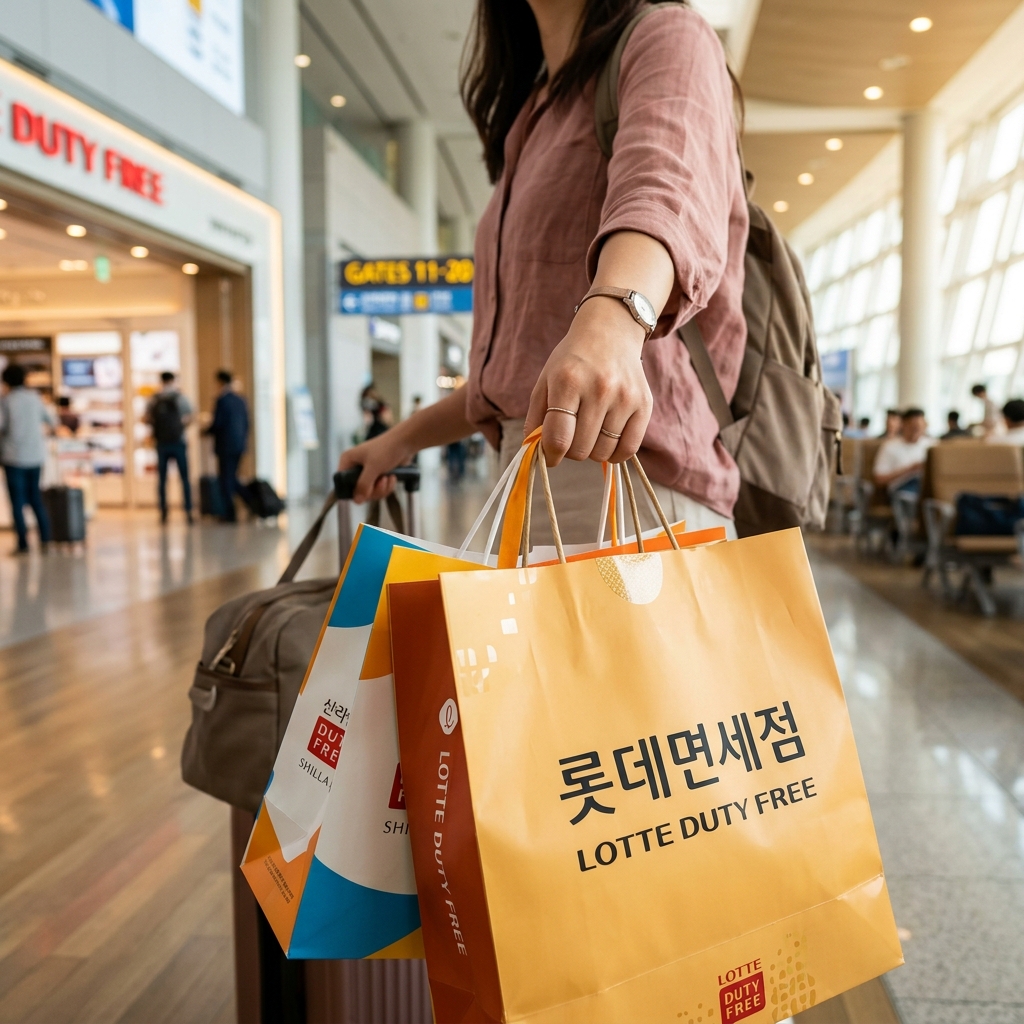 공항 면세점 쇼핑백을 든 여행객의 손 클로즈업