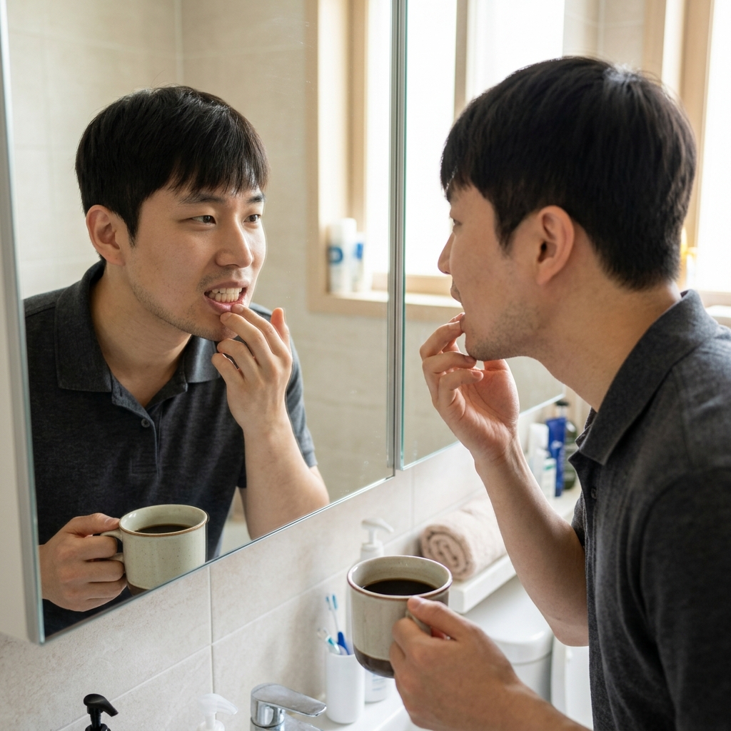 커피 한 잔을 손에 들고 거울을 보며 치아 색을 확인하는 사람의 모습