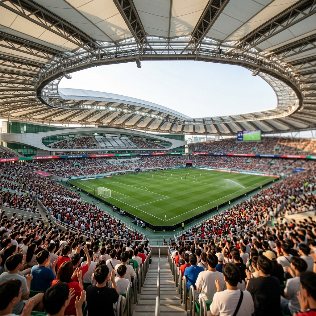 2030년 월드컵을 상징하는 대규모 축구 경기장과 관중석
