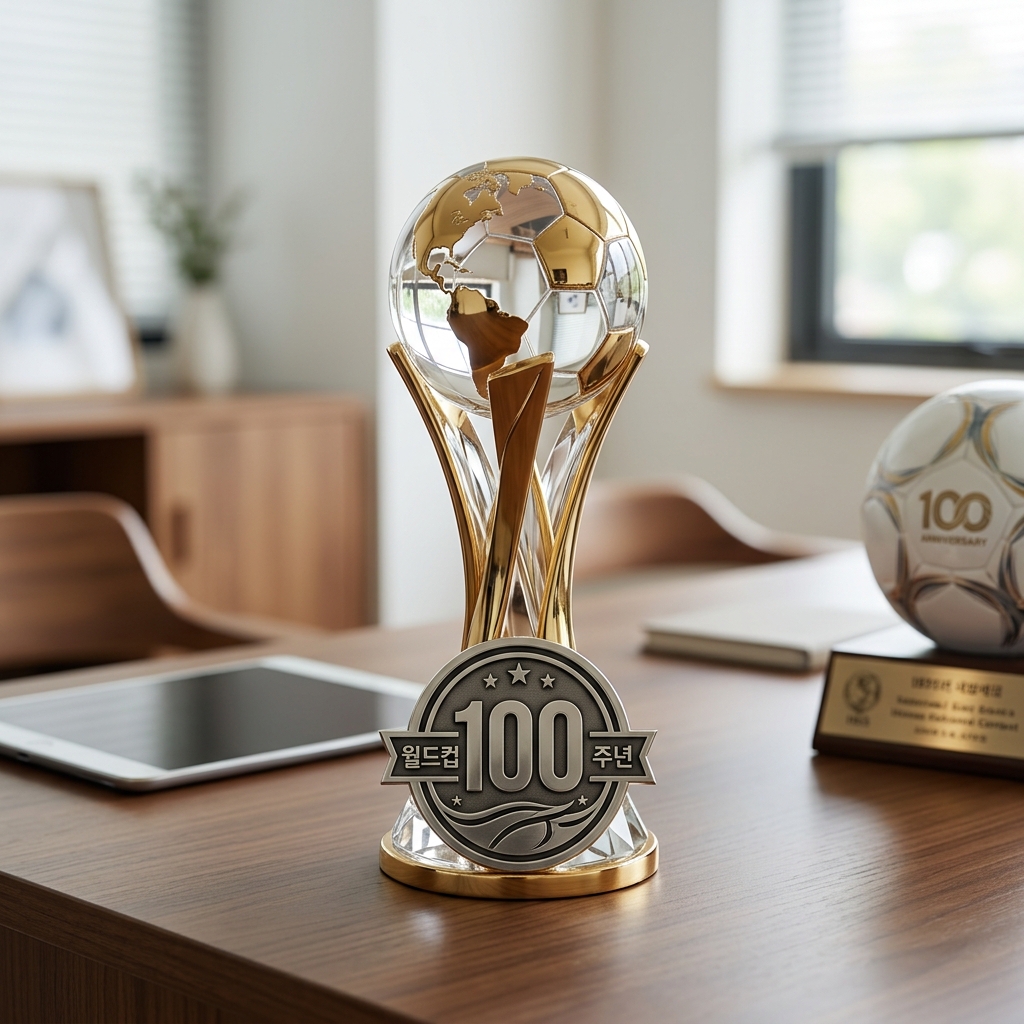 월드컵 100주년을 상징하는 트로피와 기념 엠블럼