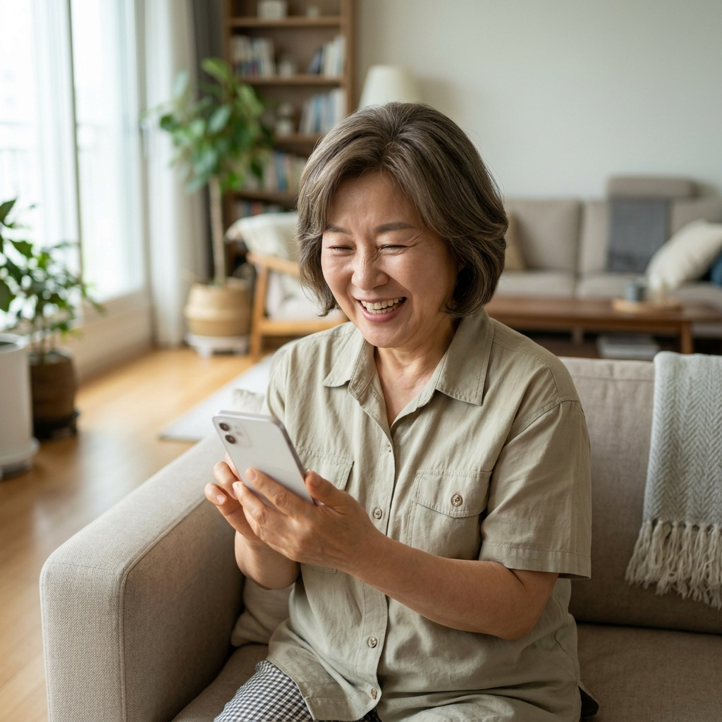 70대 중반의 한국인 여성이 밝은 거실 소파에서 스마트폰을 들고 화면을 보며 웃는 모습