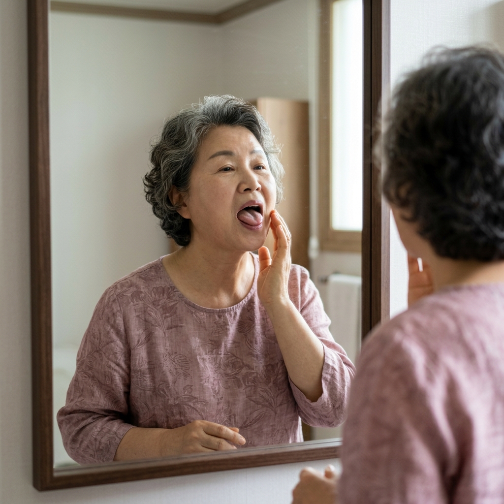 70대 중년 여성이 거울 앞에서 입을 벌리고 혀와 입안쪽을 살피는 모습, 실내 자연광, 침착한 표정