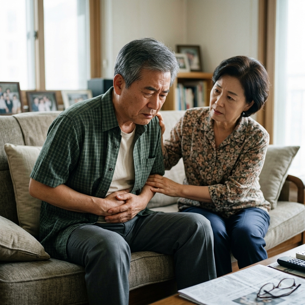60대 후반 남성이 명치 부근을 손으로 감싸며 웅크린 자세로 소파에 앉아 있고, 옆에서 배우자가 걱정스럽게 상태를 살피는 실내 장면