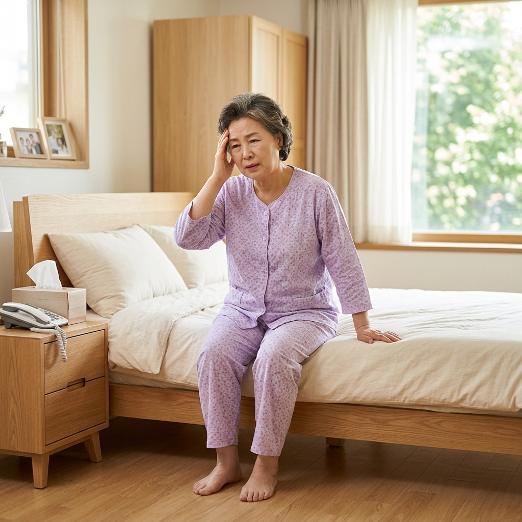 침대에서 일어나려다 어지럼을 느끼며 머리를 잡고 있는 70대 한국인 여성의 모습, 아침 햇살이 들어오는 침실 배경