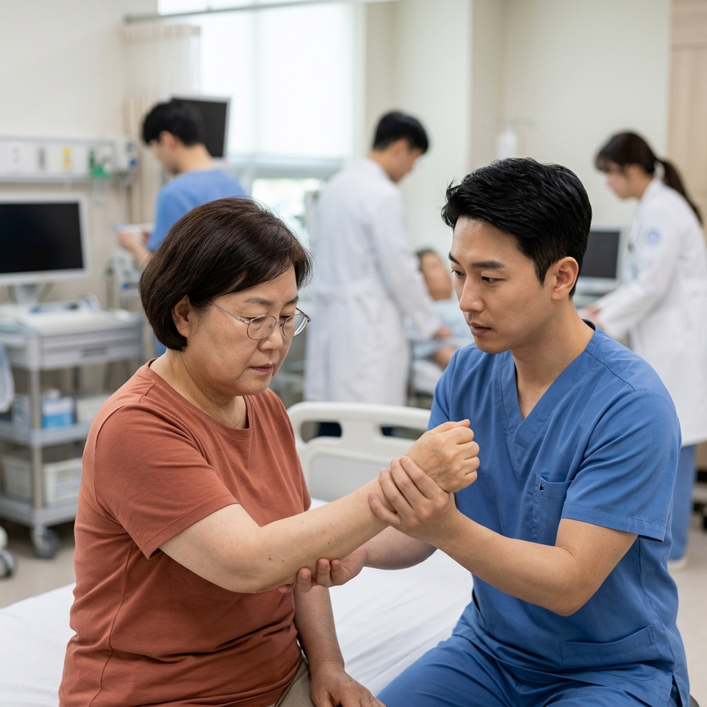 70대 한국인 남성이 응급실에서 신경과 검사를 받고 있는 장면, 의료진이 팔 힘을 확인하는 모습