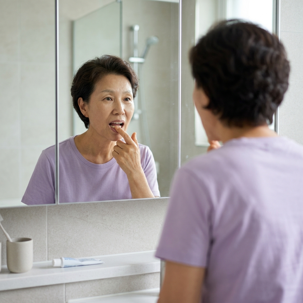 70대 어르신이 거울을 보며 틀니 착용 상태를 확인하는 모습, 손가락으로 잇몸을 가볍게 만지며 상태를 살피는 장면