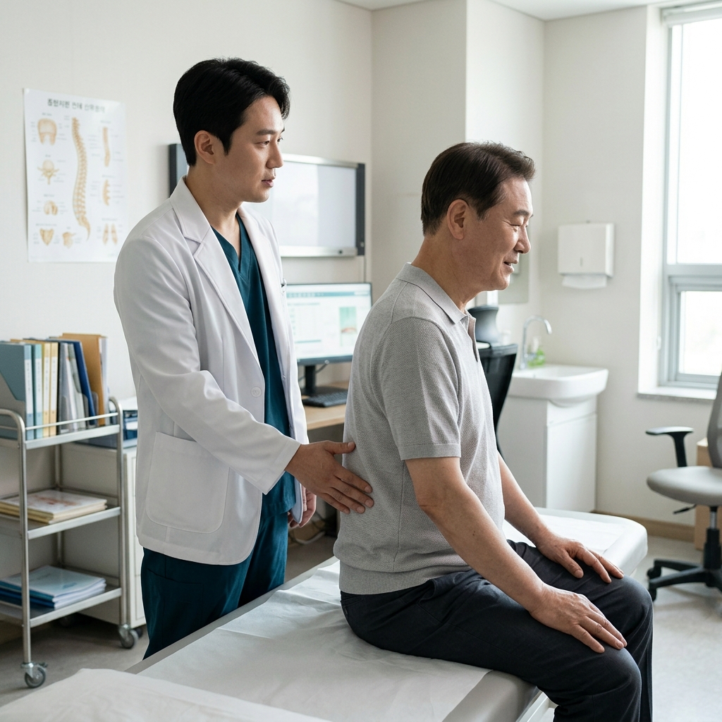 병원 진료실에서 의사가 70대 한국인 환자의 허리 자세를 확인하는 장면