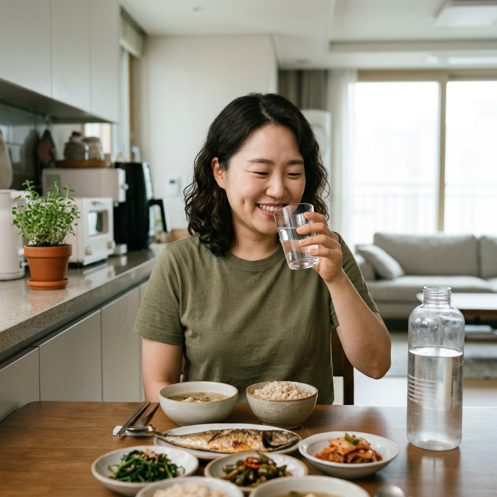 건강한 식사와 충분한 물을 마시는 여성의 일상 장면