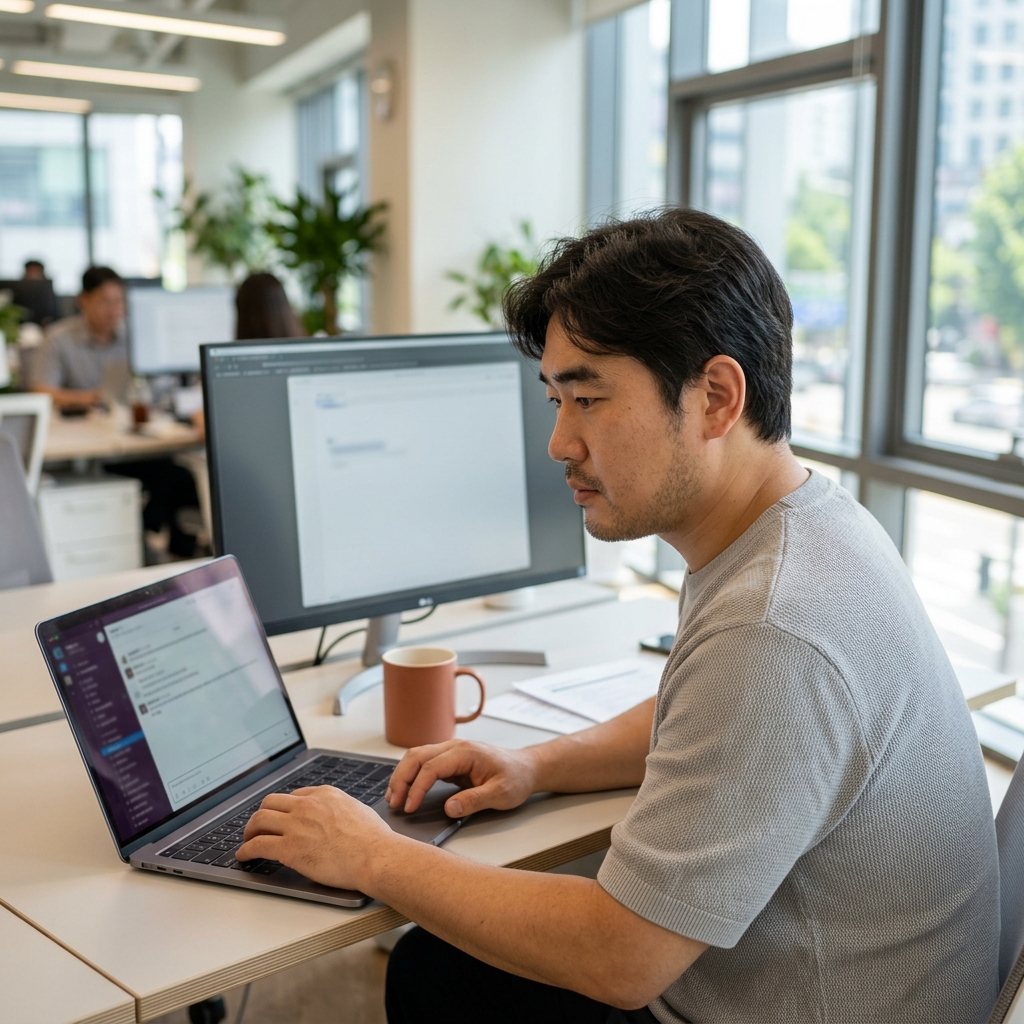 노트북 앞에서 슬랙 대화창을 보며 메시지를 작성 중인 30대 직장인, 밝은 사무실 배경