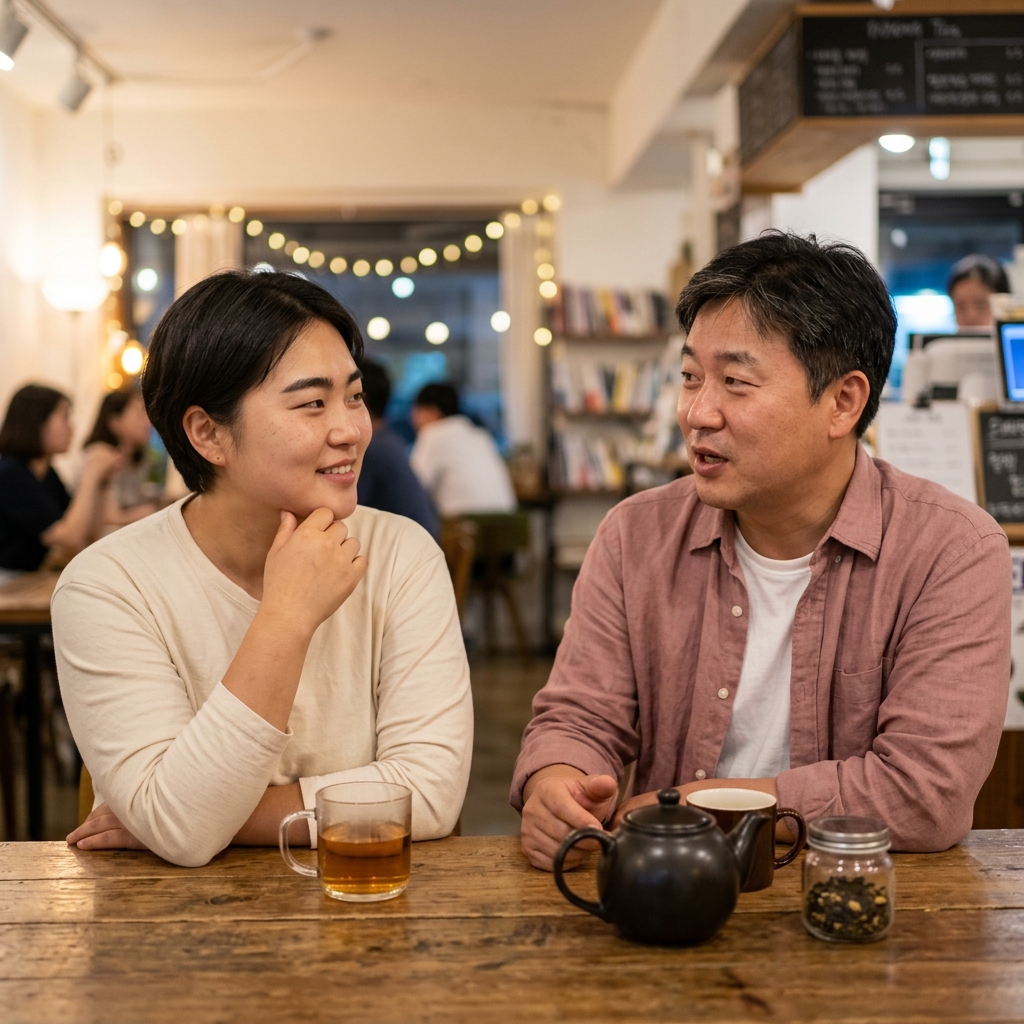 편안한 분위기의 저녁 모임에서 차를 마시며 대화하는 40대 중반 두 사람, 한 사람은 경청하며 고개를 끄덕이고 있다
