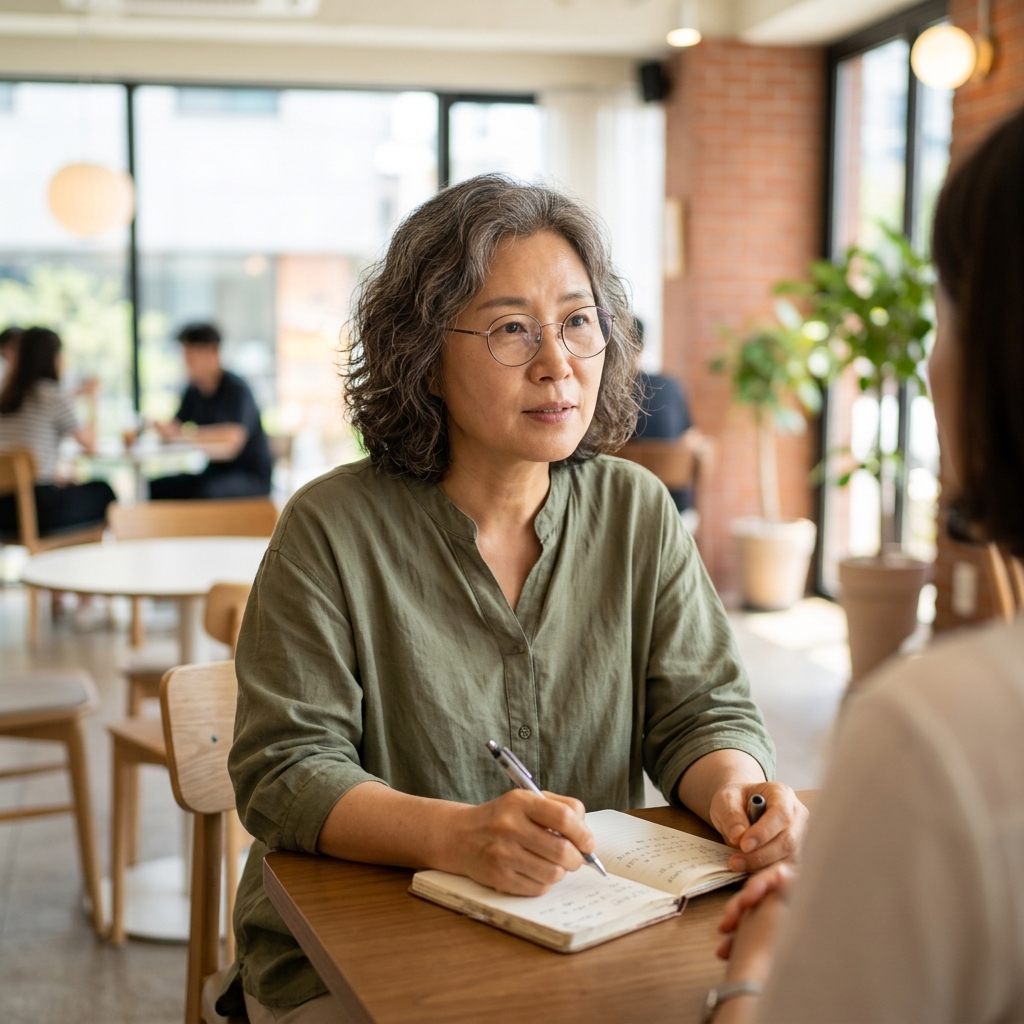카페에서 짧은 메모장에 대화 요점을 적는 50대 초반 여성, 상대의 말에 집중하고 있다