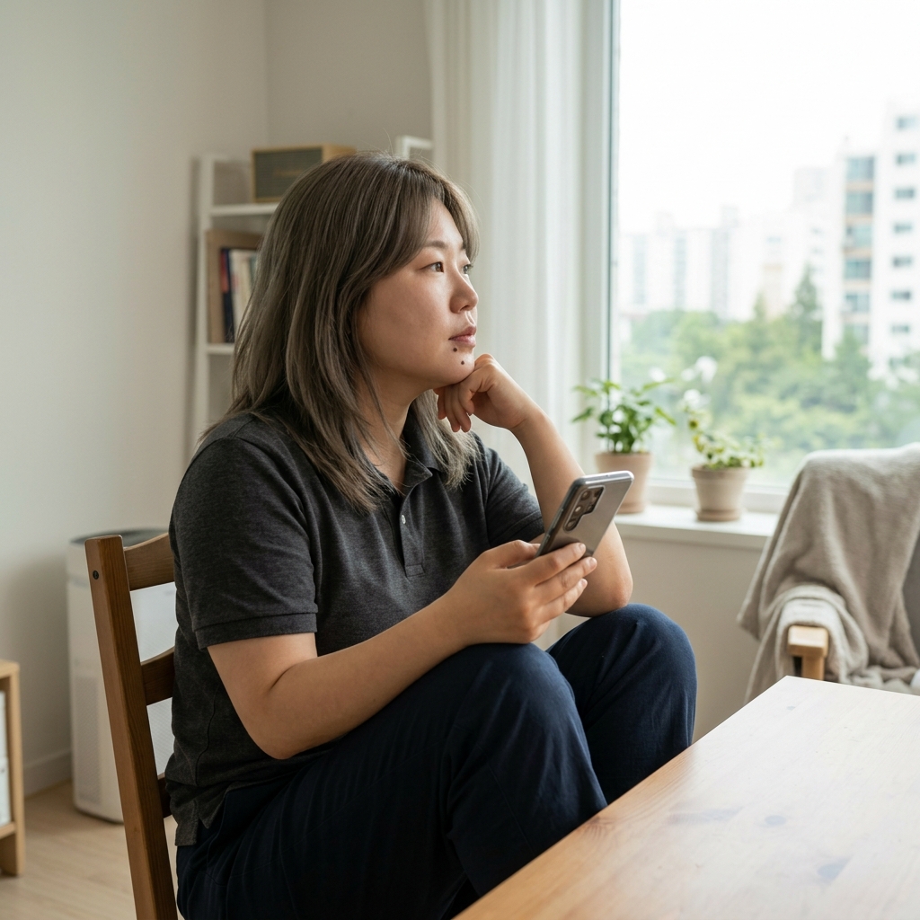창가에 앉아 스마트폰을 손에 든 채 생각에 잠긴 40대 여성의 모습