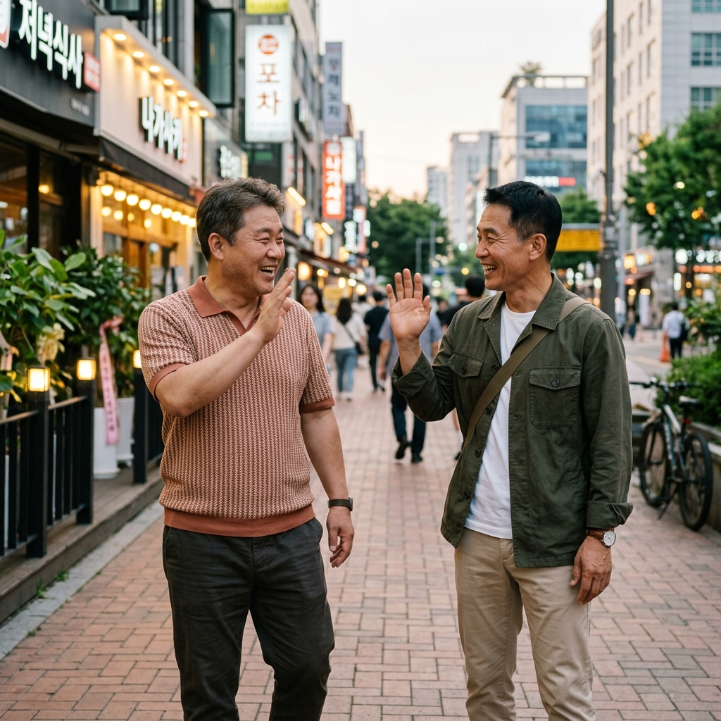 저녁 모임이 끝나고 헤어지며 웃으며 인사하는 두 명의 중년 남성, 편안한 표정