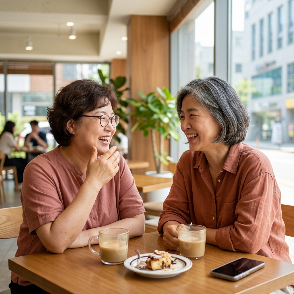 카페에서 마주 앉아 환하게 웃으며 대화하는 두 명의 중년 여성