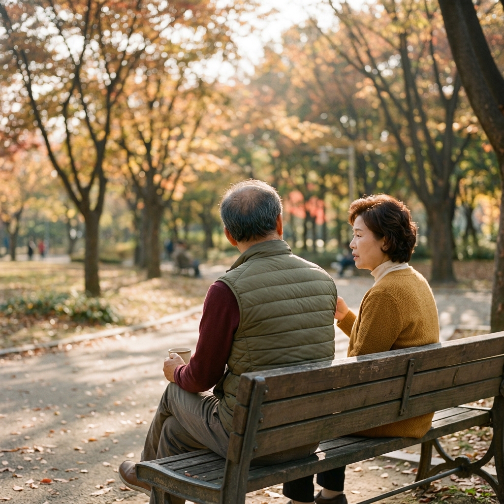60대 부부가 공원 벤치에 나란히 앉아 차분히 대화하는 뒷모습, 햇살이 부드럽게 내리는 오후 풍경