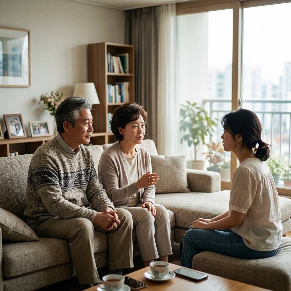 거실 소파에 앉아 성인 자녀와 대화하는 60대 중반 한국인 부모의 모습, 차분한 표정으로 경계를 설명하는 장면