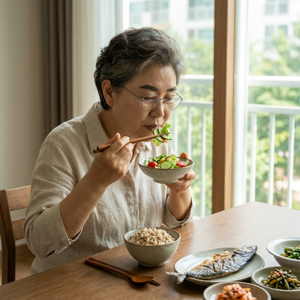 흰머리 섞인 70대 남성이 식탁에 앉아 작은 그릇에 담긴 샐러드를 젓가락으로 집어 먹고 있는 모습, 식탁 위에는 잡곡밥과 생선구이가 함께 놓여 있고 창밖으로 따스한 햇살이 들어온다