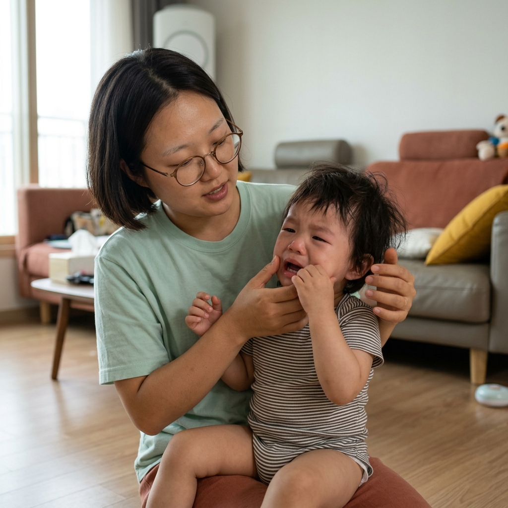37도 후반의 발열 증상을 보이는 두 살 어린이가 입 주변을 만지작거리며 보채고 있고, 보호자가 손바닥과 입안을 확인하고 있는 실내 거실 장면
