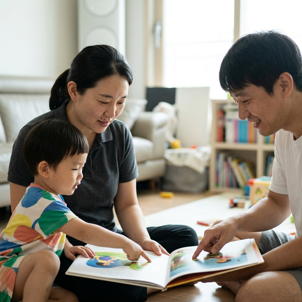 3살 아이가 거실 바닥에서 부모와 함께 그림책을 펼쳐 보고 있는 장면