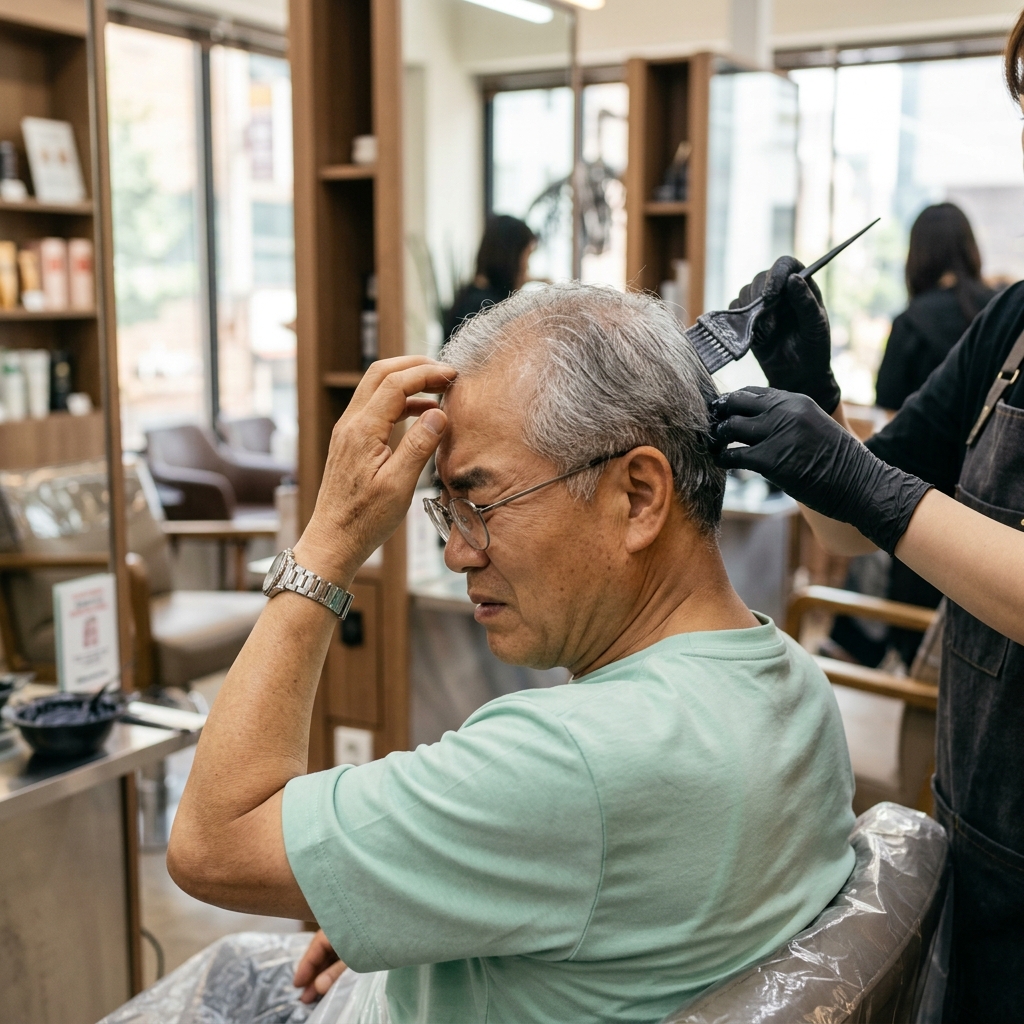 흰머리 염색 중 두피가 따가워 인상을 찌푸리는 70대 여성의 모습