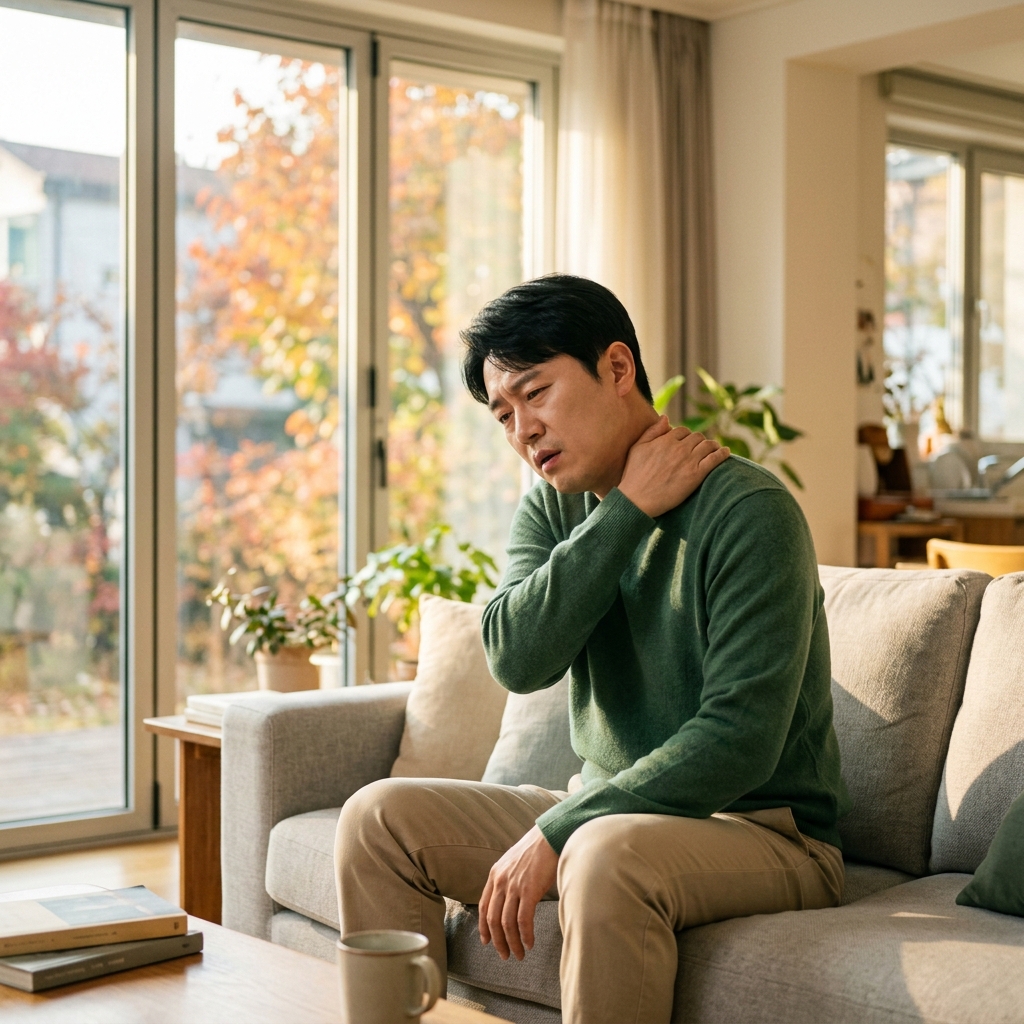 40대 남성이 거실 소파에 앉아 목과 어깨를 주무르며 피곤한 표정, 창밖으로 가을 햇살이 들어오는 명절 연휴 오후