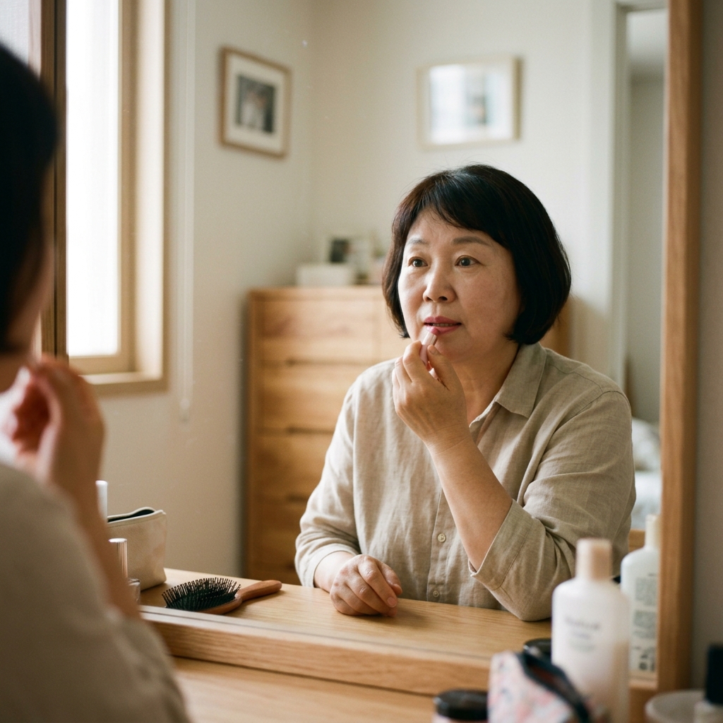 화장대 앞에서 립스틱을 바르며 거울을 보고 있는 60대 여성