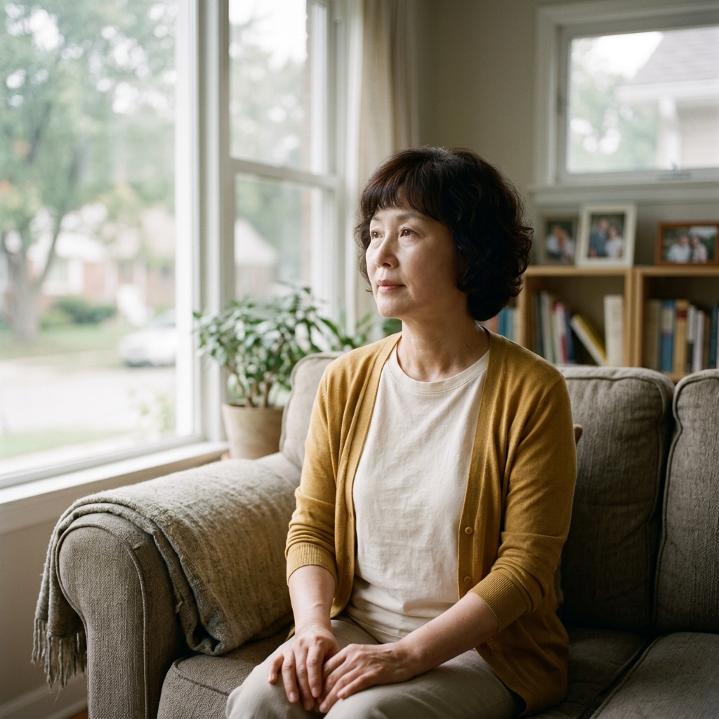 50대 후반 여성이 조용한 거실 소파에 앉아 창밖을 바라보는 모습, 짧은 소매 셔츠와 얇은 카디건을 걸친 명절 직후의 고요한 오후