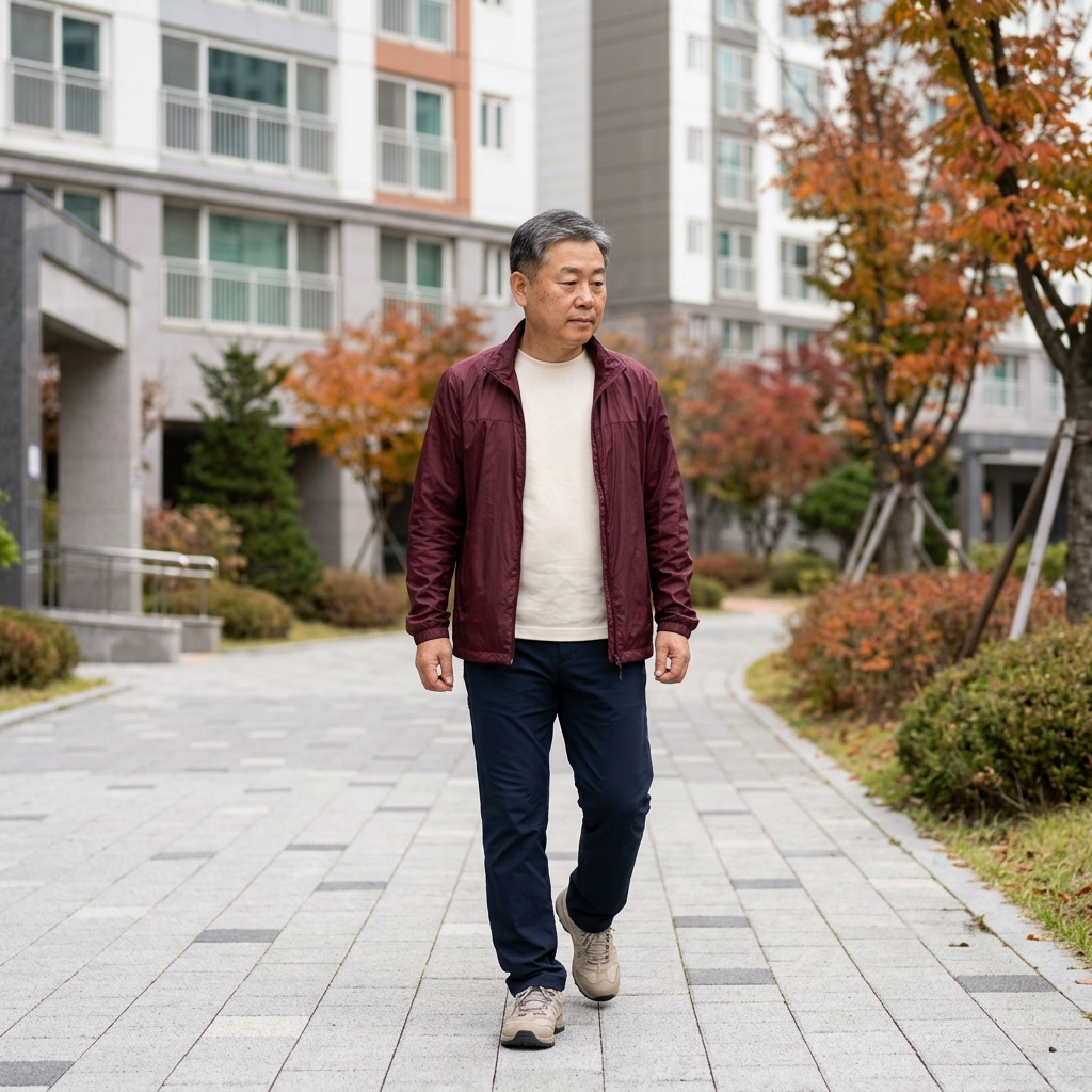 60대 중반 남성이 아파트 단지 산책로를 걷고 있는 모습, 가벼운 등산화와 얇은 바람막이 차림의 선선한 가을 오후