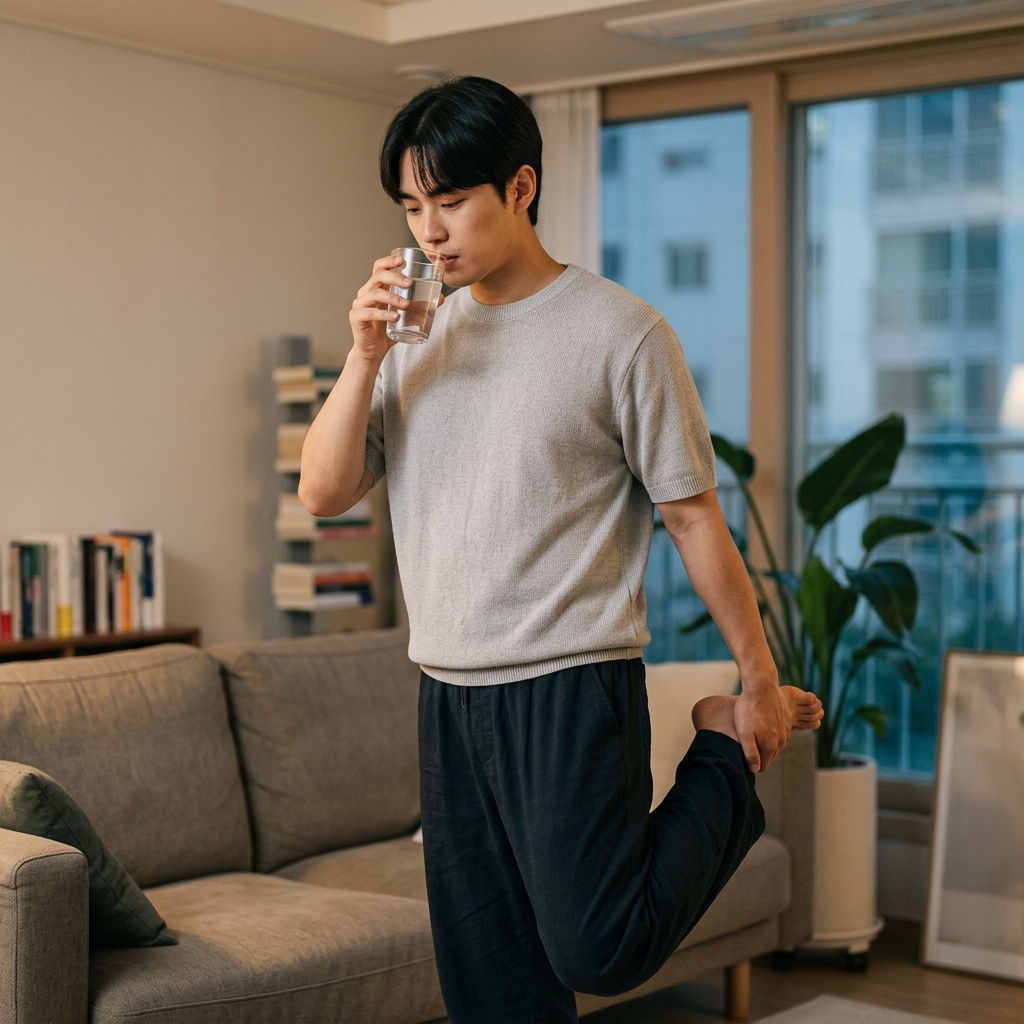 ์ผ์์ผ ์ ๋
๊ฑฐ์ค์์ ๋ฌผ ํ ์์ ๋ง์๋ฉฐ ๊ฐ๋ฒผ์ด ์คํธ๋ ์นญ์ ํ๊ณ ์๋ 30๋ ์ฑ์ธ์ ์ ์ ๋ชจ์ต