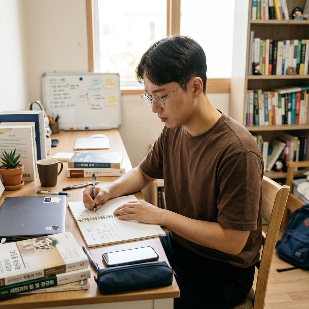 책상 앞에서 새 학기 계획을 적고 있는 대학생