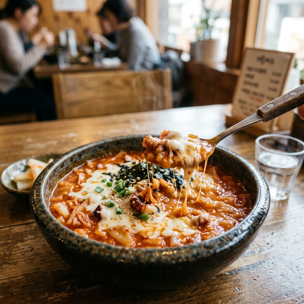 낙지김치죽에 치즈가 녹아든 모습, 매콤한 김치와 낙지, 고소한 치즈가 어우러진 장면