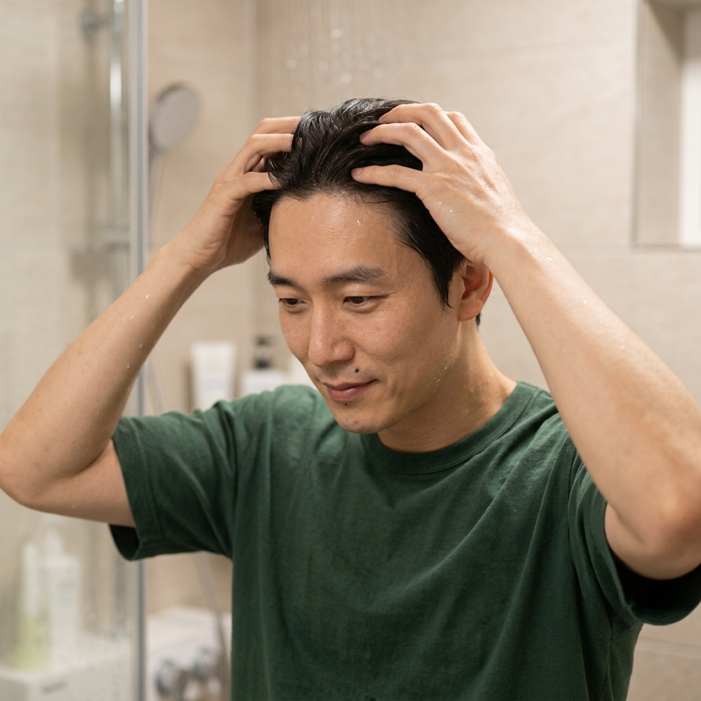손가락 지문으로 두피를 부드럽게 마사지하는 모습, 욕실 조명 아래 자연스러운 샤워 장면