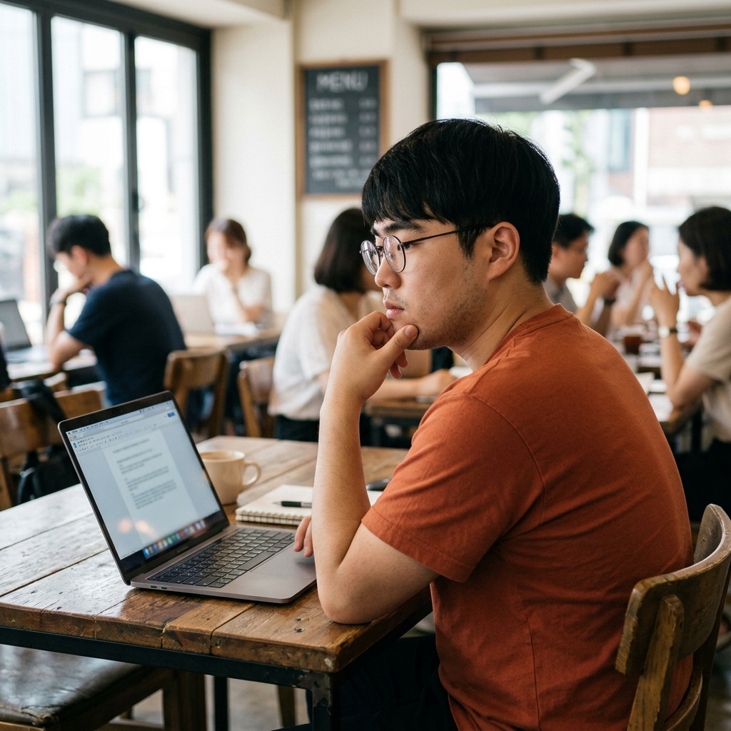 카페에서 노트북을 보며 생각에 잠긴 표정으로 화면을 응시하는 사람, 부드러운 실내 조명