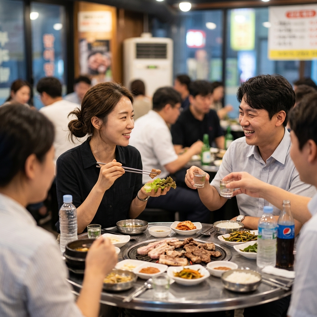 직장인들이 편안한 표정으로 회식 자리에서 대화를 나누며 음식을 먹고 있는 모습