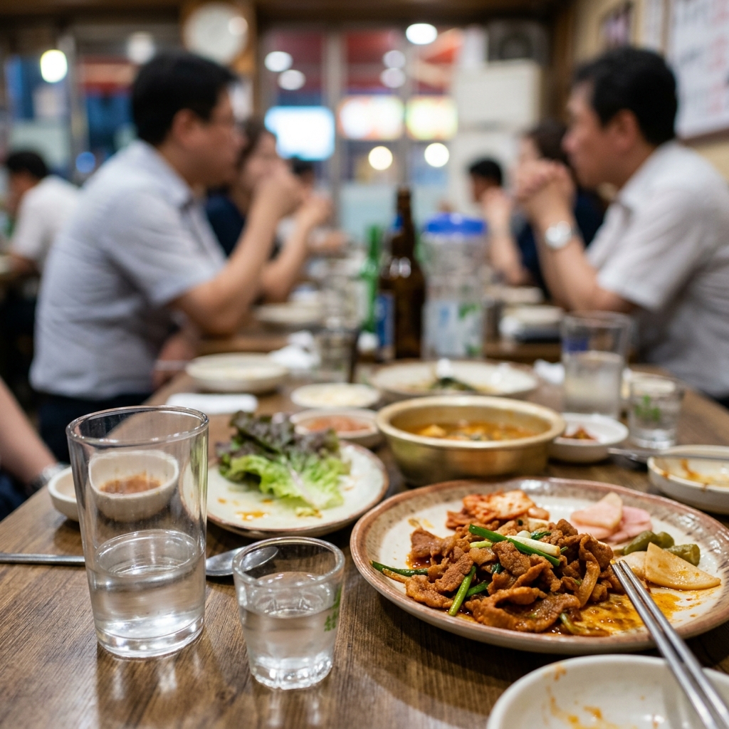회식 테이블 위에 술잔과 물잔, 음식 접시가 함께 놓여 있는 모습