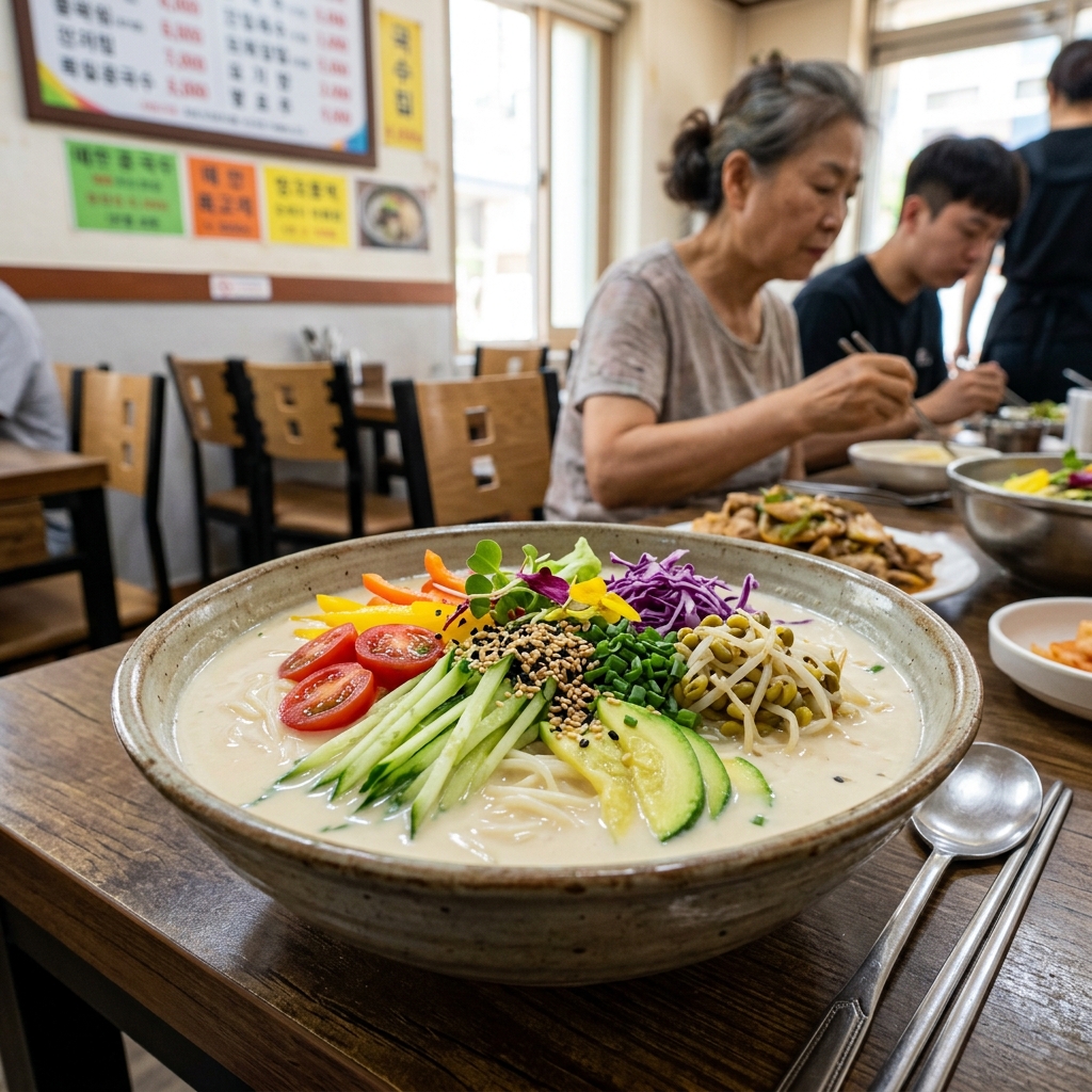 하얀 콩물과 국수 위에 다채로운 토핑이 올라간 이색 콩국수 그릇