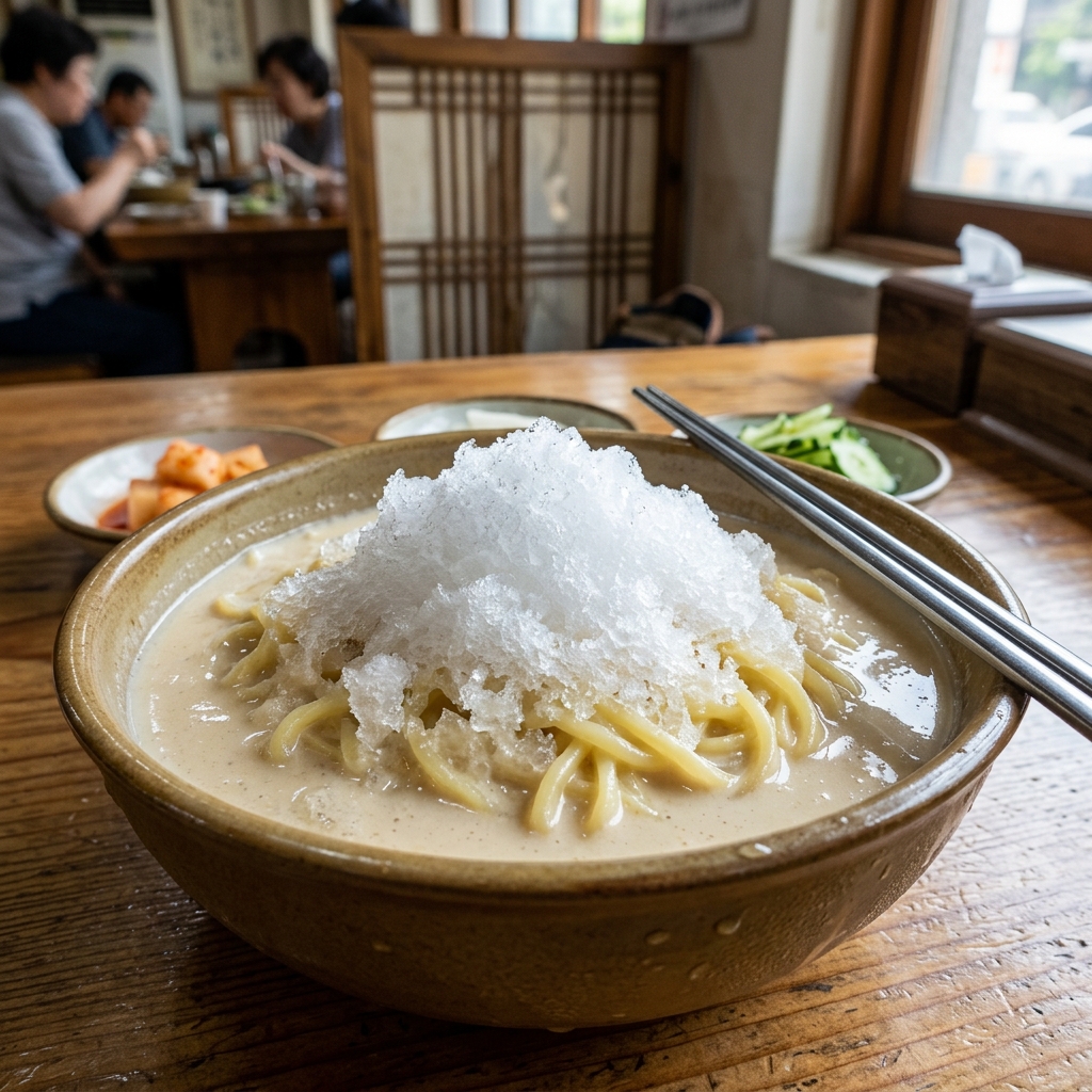 눈꽃처럼 하얀 얼음이 쌓인 콩국수 그릇과 젓가락