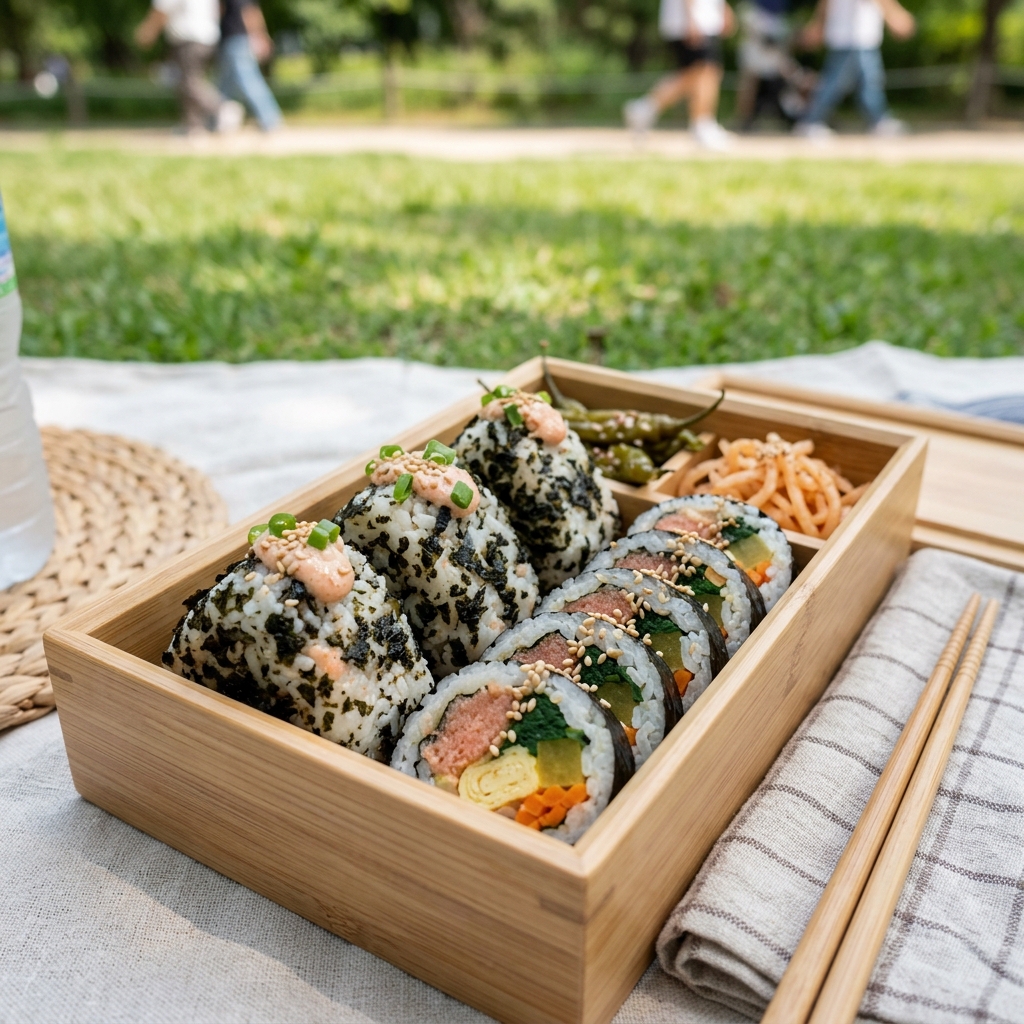 명란을 넣은 주먹밥과 김밥이 도시락 용기에 담긴 모습