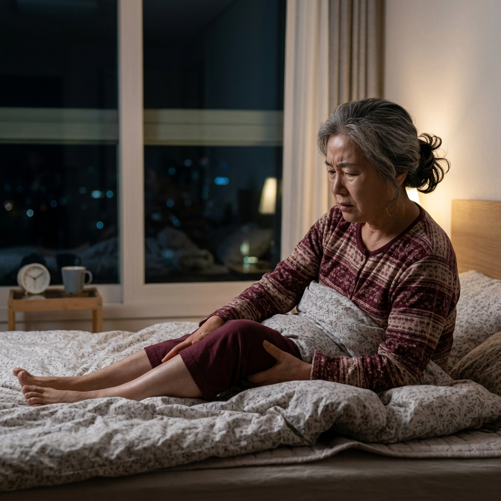 침대에 누워 다리를 움직이며 불편해하는 70대 여성, 창밖은 어두운 밤